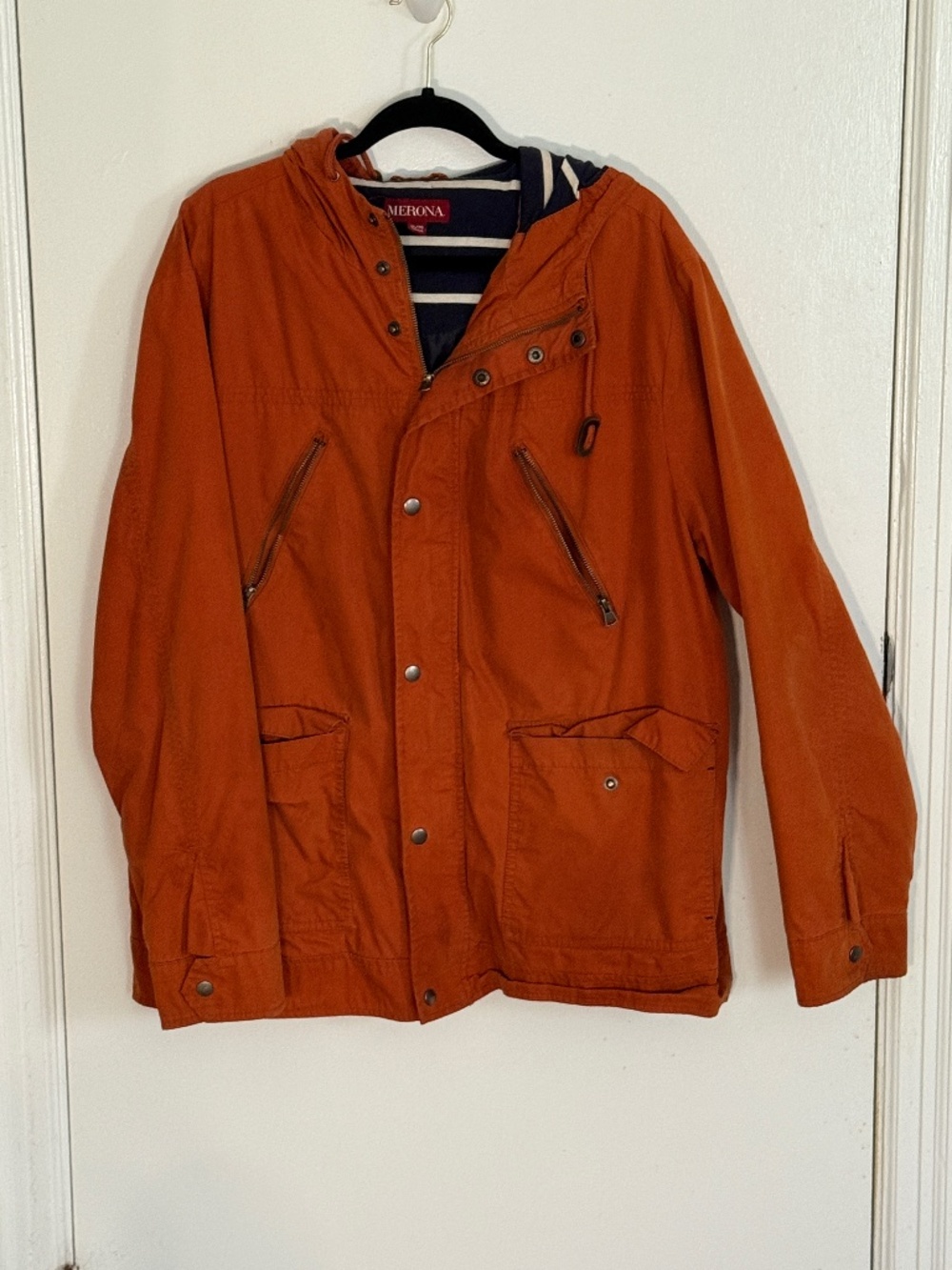 Merona Orange Nautical Rain Jacket Hooded Zip Up XL Striped Lining Coastal Style